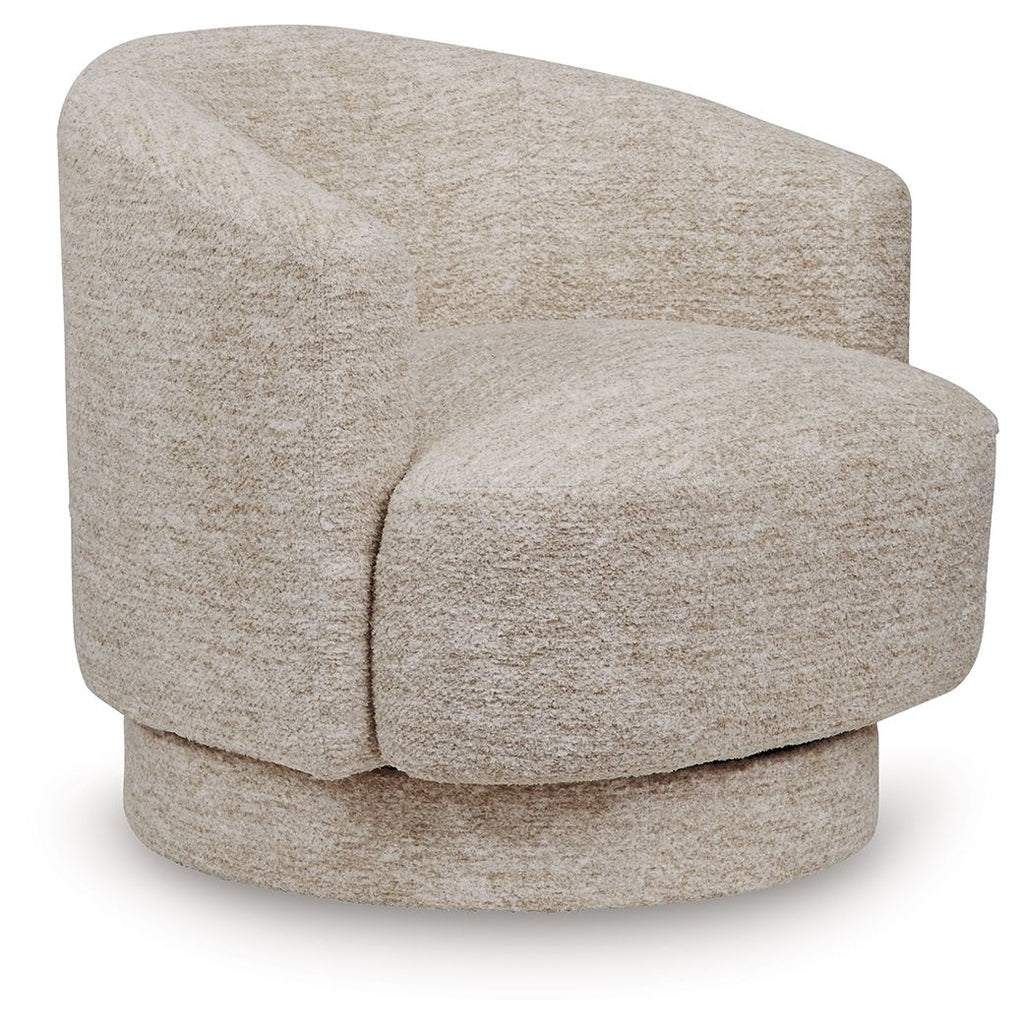 Wardsor swivel chair, stone textured fabric, rounded arms and cushioned base.