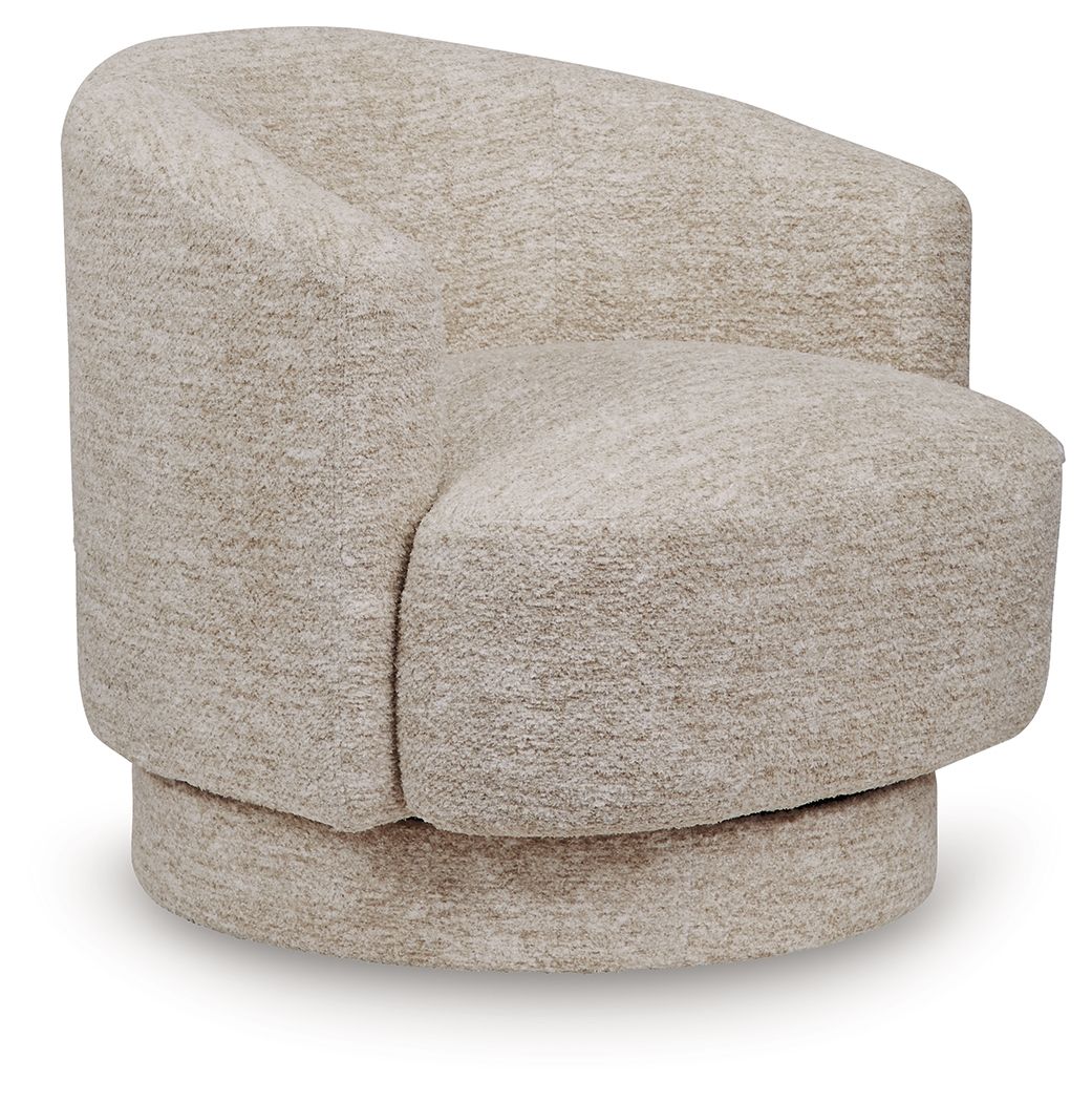 Wardsor swivel chair, stone textured fabric, rounded arms and cushioned base.