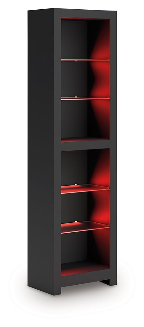 Black tall open bookshelf with multiple shelves and red LED back lighting