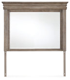Light grayish brown framed bedroom mirror with beveled border and square glass