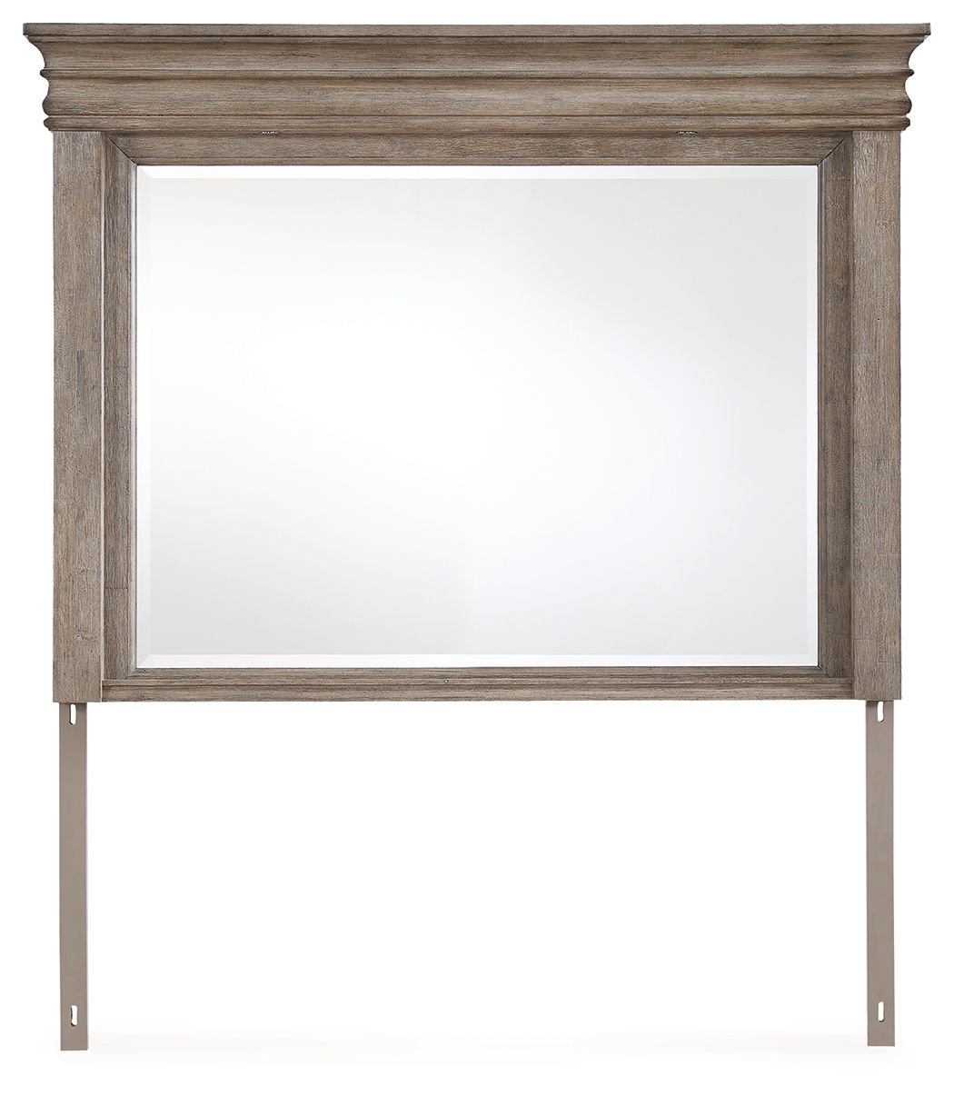Light grayish brown framed bedroom mirror with beveled border and square glass