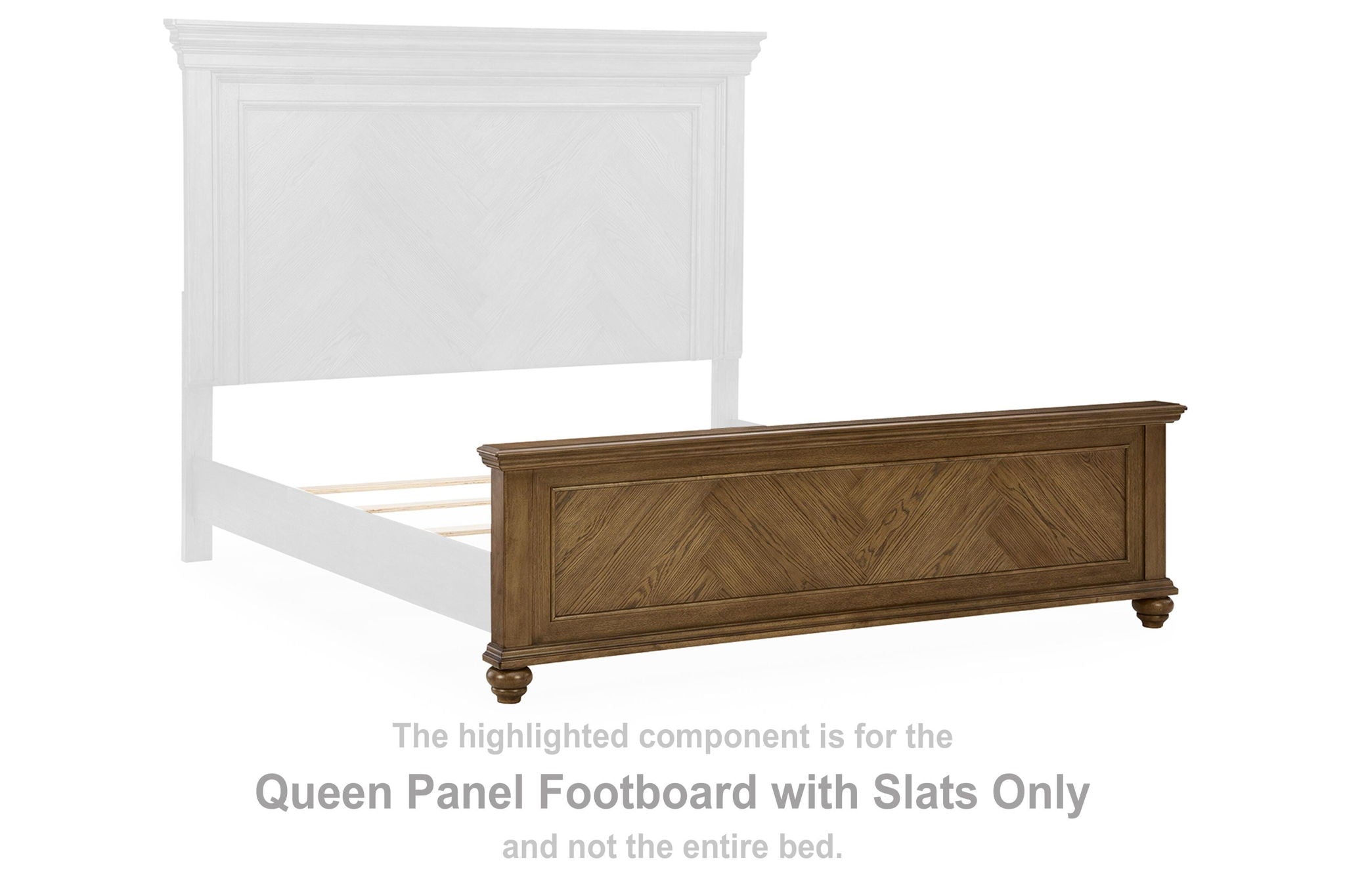 Medium brown queen panel footboard with slatted center panel and trim edges