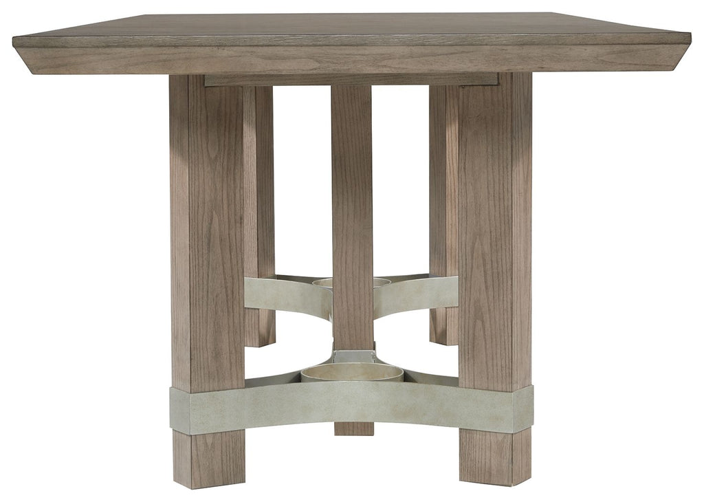 Gray rectangular dining table with pedestal base and cross-braced skirt