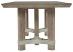 Gray rectangular dining table with pedestal base and cross-braced skirt