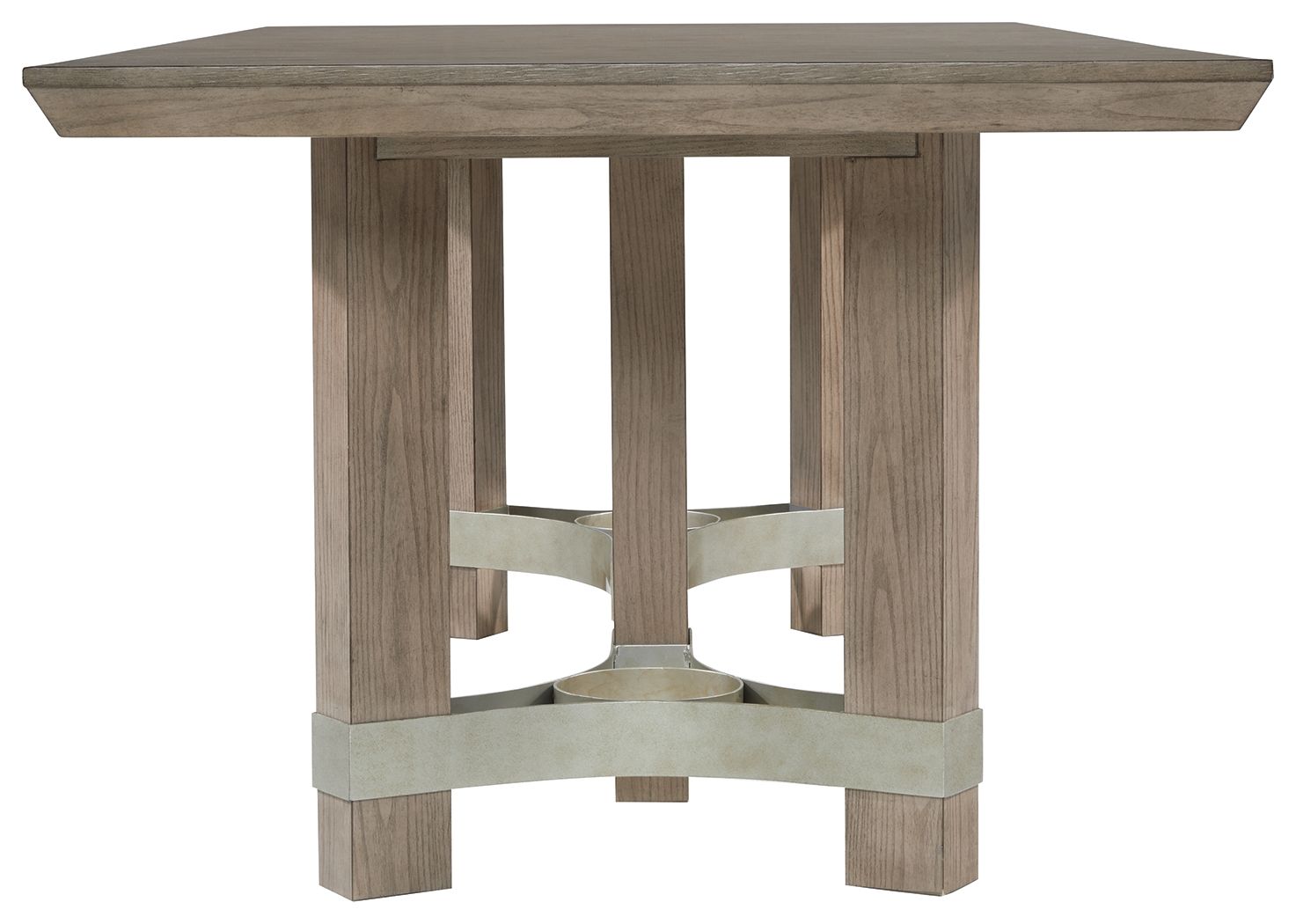 Gray rectangular dining table with pedestal base and cross-braced skirt
