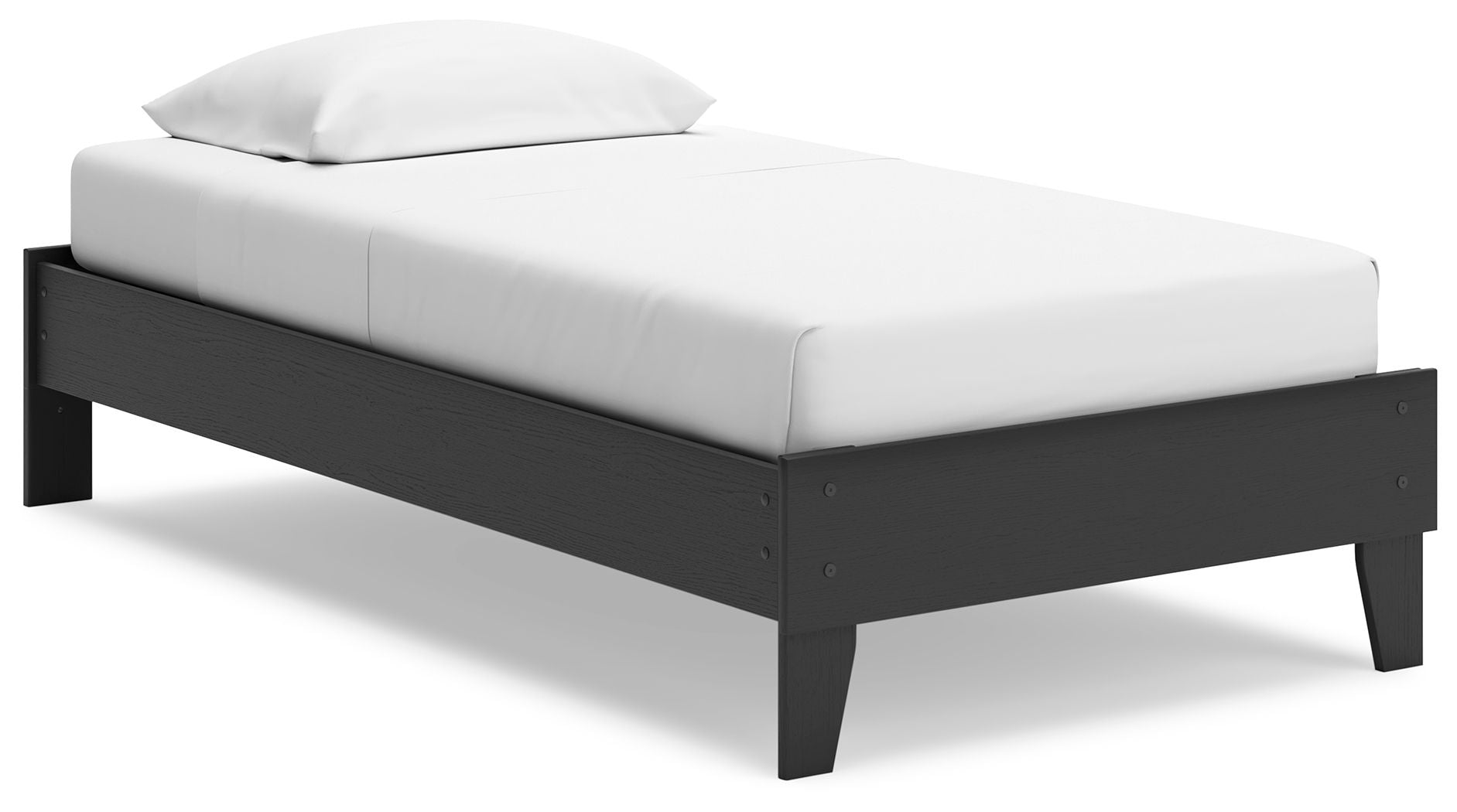 Platform bed with white mattress and dark frame, padded side rails and legs