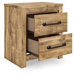 Two-drawer night stand, brown wood, two pull-out drawers with black bar handles.