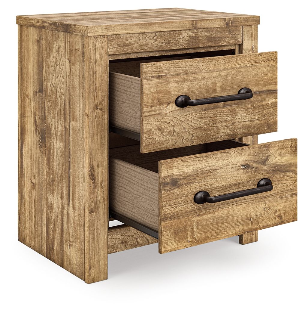 Two-drawer night stand, brown wood, two pull-out drawers with black bar handles.