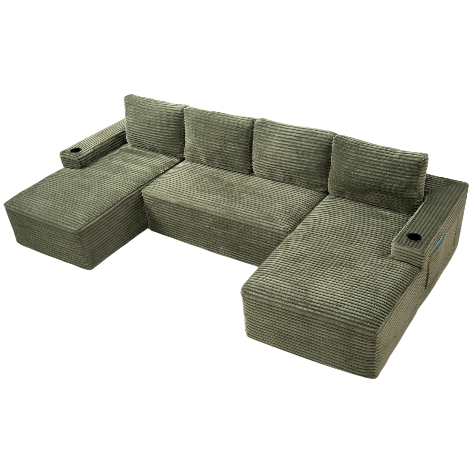 Green corduroy U-shape sectional with left and right ottoman chaise sections