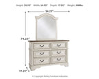 White dresser with mirror and six drawers, dimensions shown: 74.25 in H x 54.25 in W.