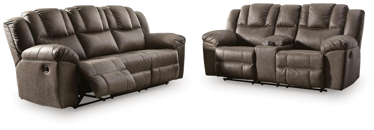 Lowilla driftwood dark brown reclining sofa and loveseat set, padded armrests and cushions