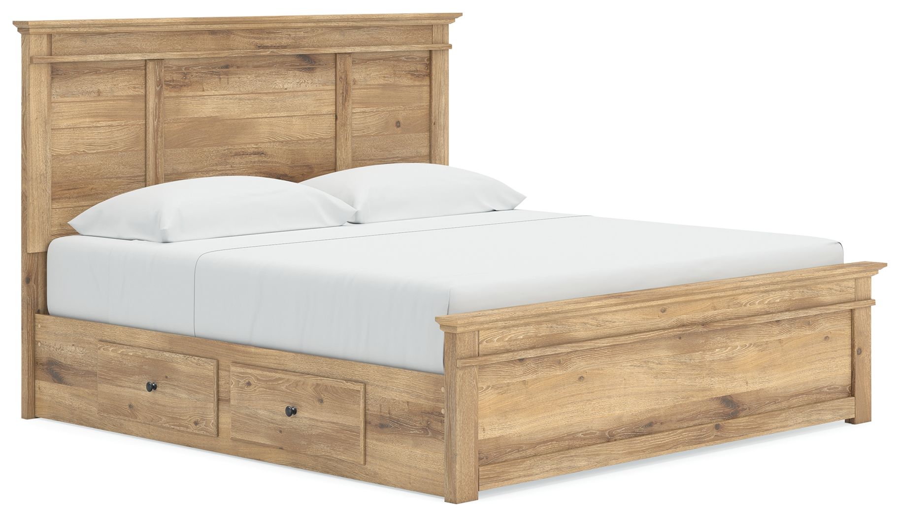 Panel storage bed with light brown wood frame, upholstered white mattress, and three drawer fronts