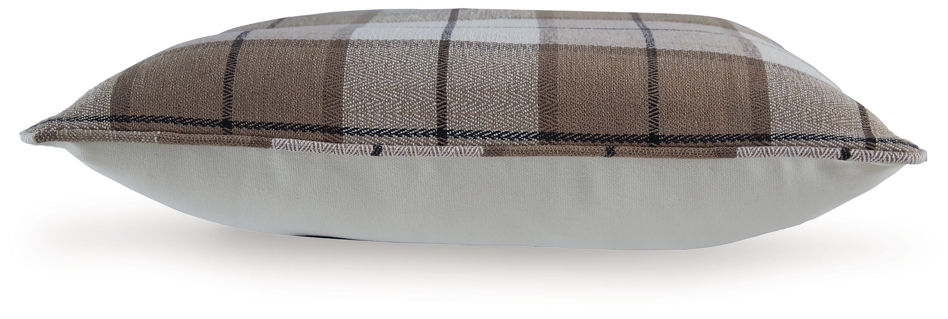 Plaid square pillow with dark brown and gray windowpane checks and piped edges