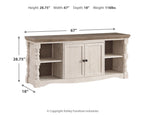 Extra large TV stand with two doors, dark brown top and light beige cabinet, open shelves