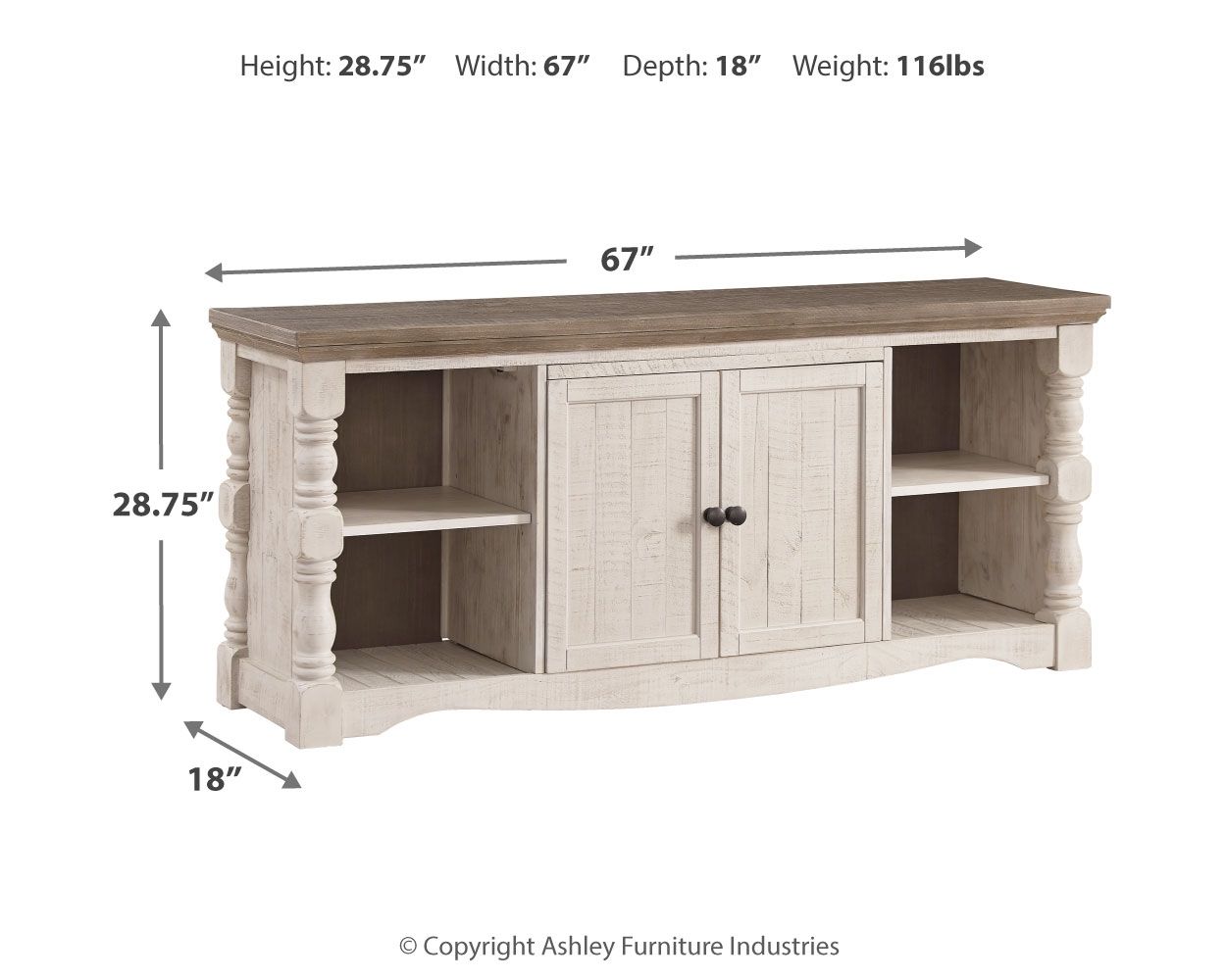 Extra large TV stand with two doors, dark brown top and light beige cabinet, open shelves
