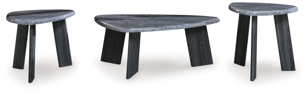 Three round gray occasional tables with dark tapered legs, front and side views
