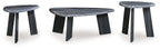 Three round gray occasional tables with dark tapered legs, front and side views