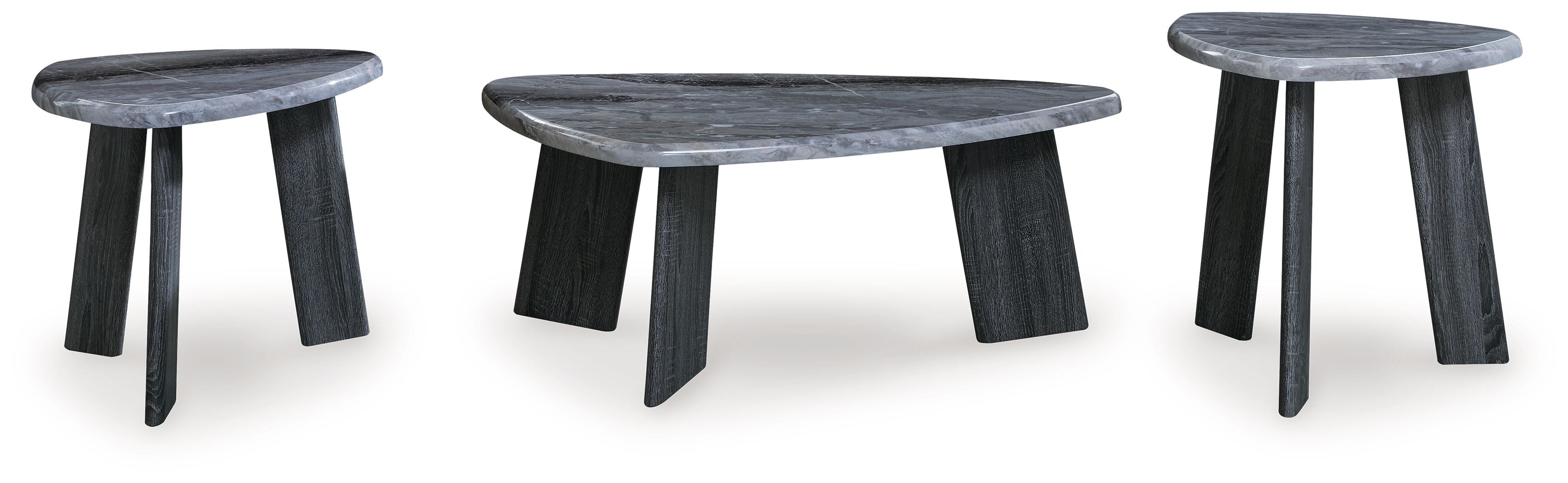 Three round gray occasional tables with dark tapered legs, front and side views