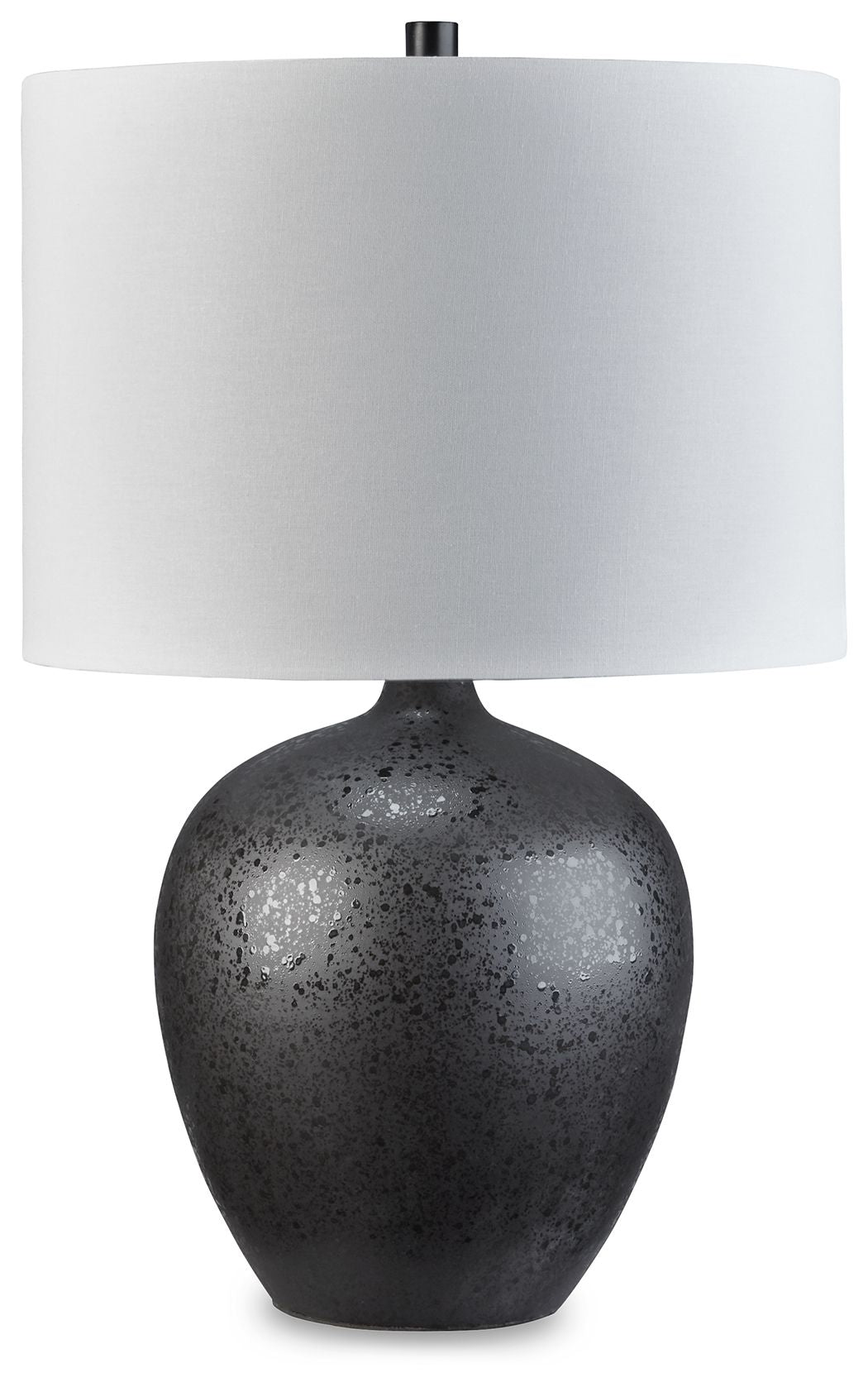 Ceramic table lamp with black speckled urn base and white drum shade