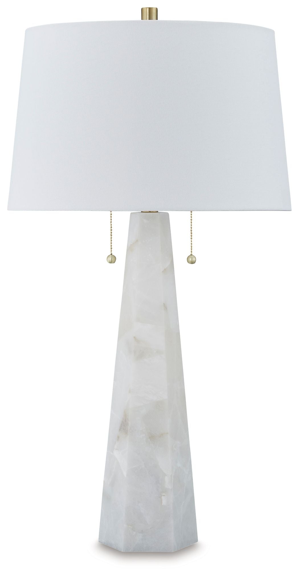 White table lamp with fabric drum shade and alabaster-style white stone base