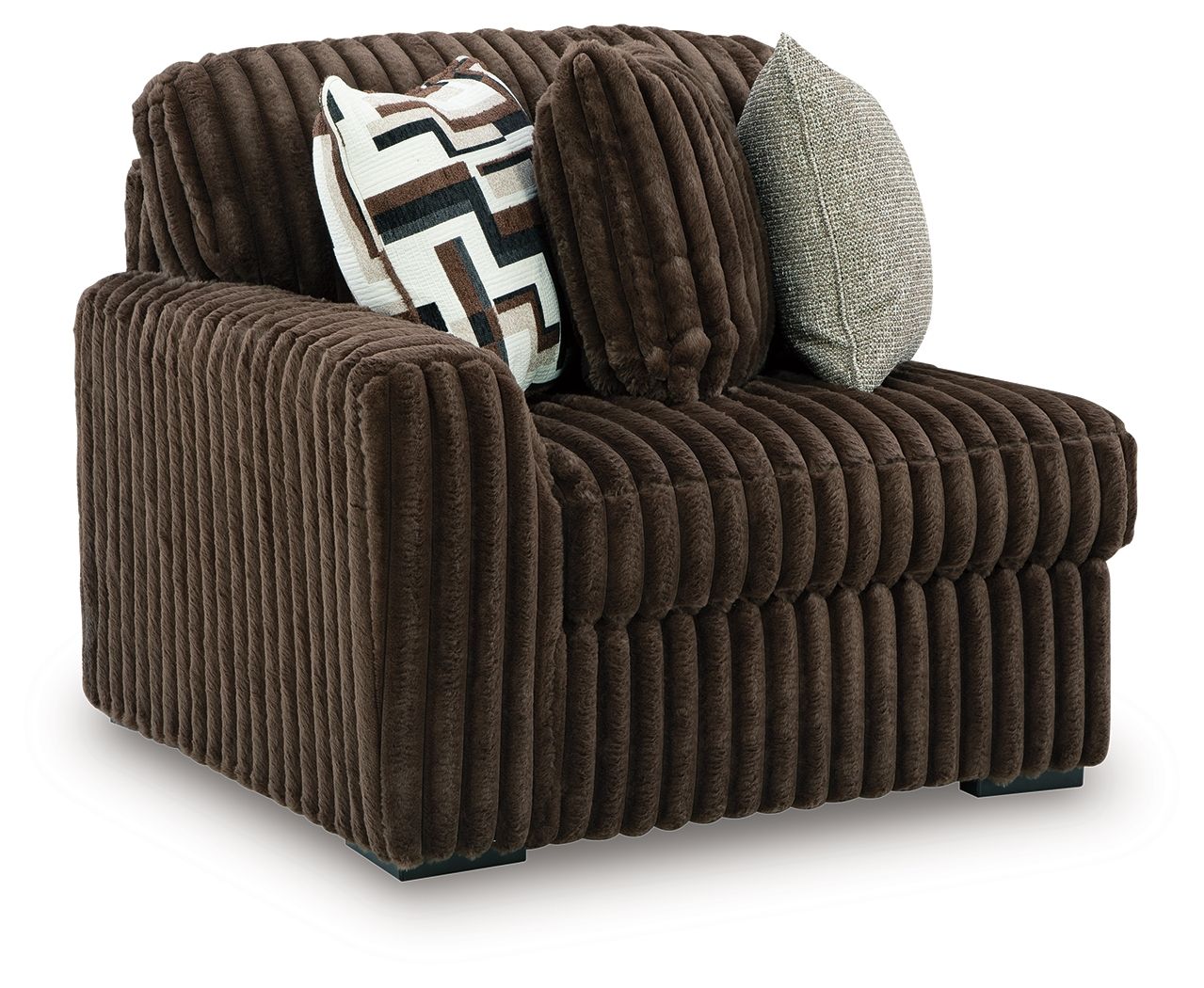 Chocolate-brown corduroy corner chair with thick armrests and tufted seat cushions