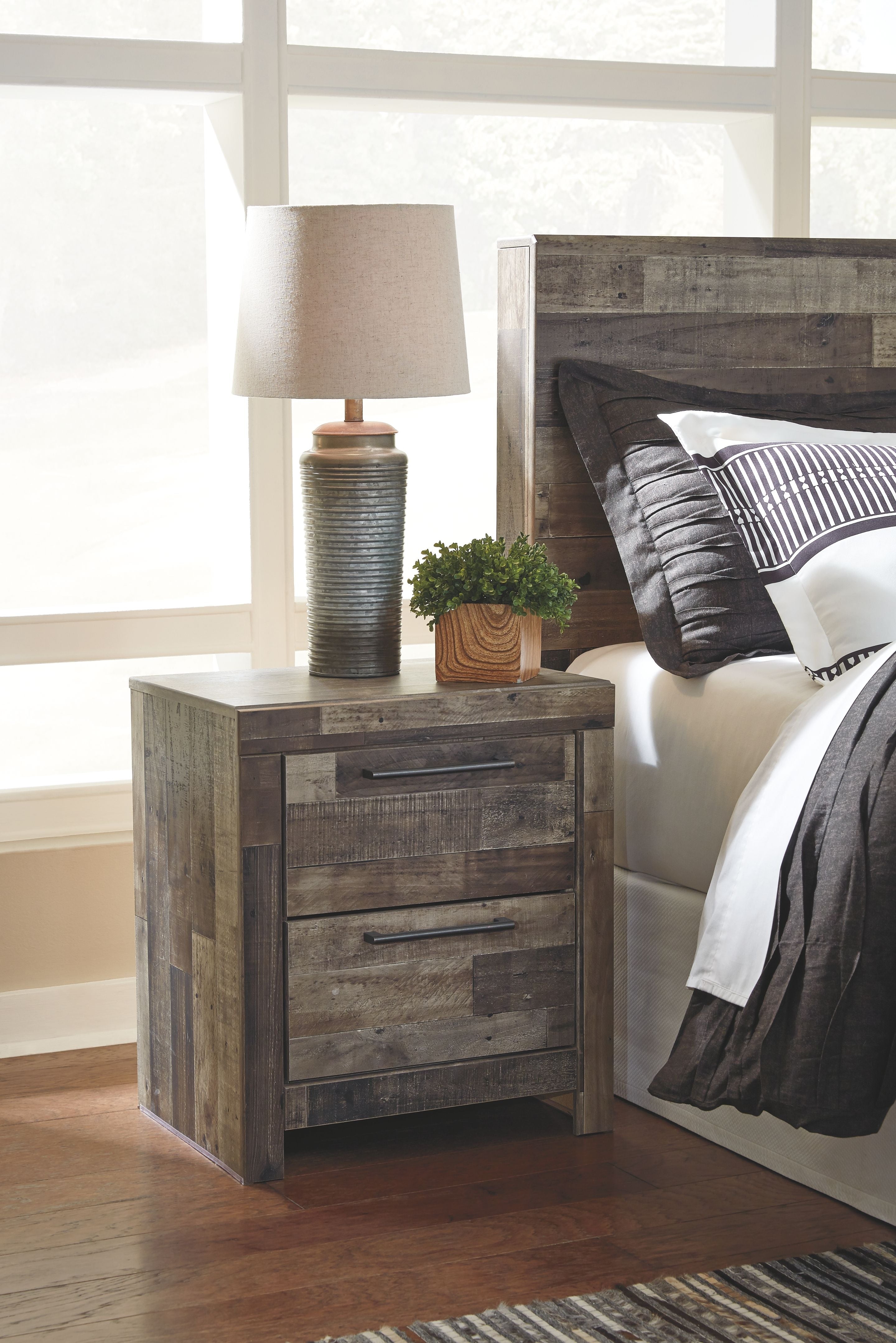 Bedroom storage nightstand with two drawers in dark distressed wood