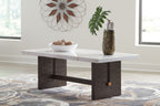 Rectangular cocktail table with white top and dark brown base frame