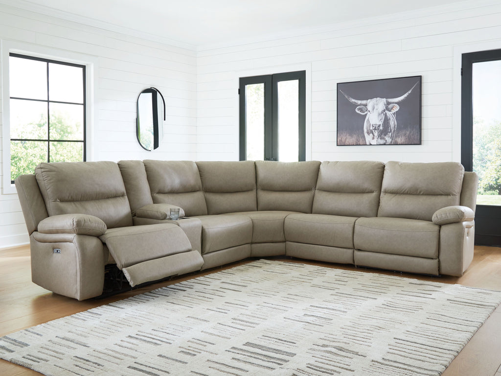 Pebble power reclining sectional sofa with corner layout and padded armrests