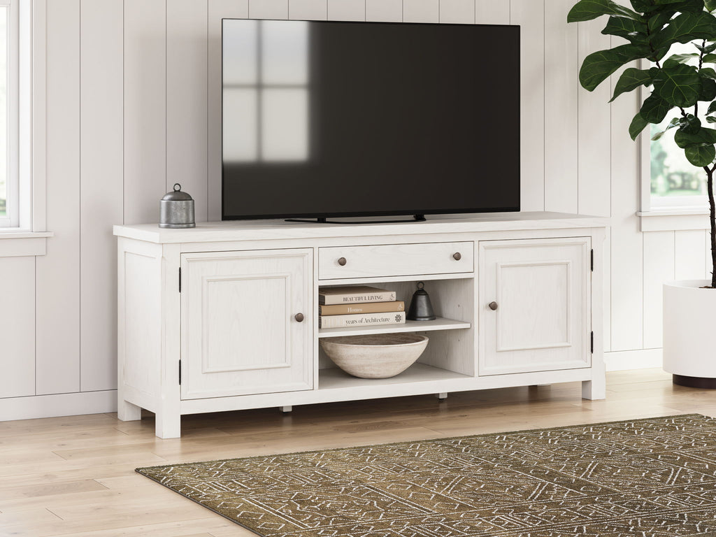 Antique white TV stand with top drawers, open center media shelf, and side cabinet doors