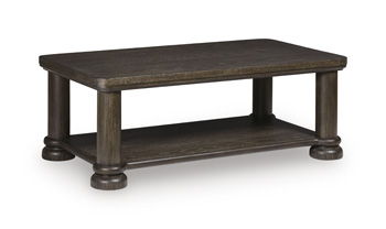 Dark brown rectangular table with lower shelf and turned legs, solid wood look