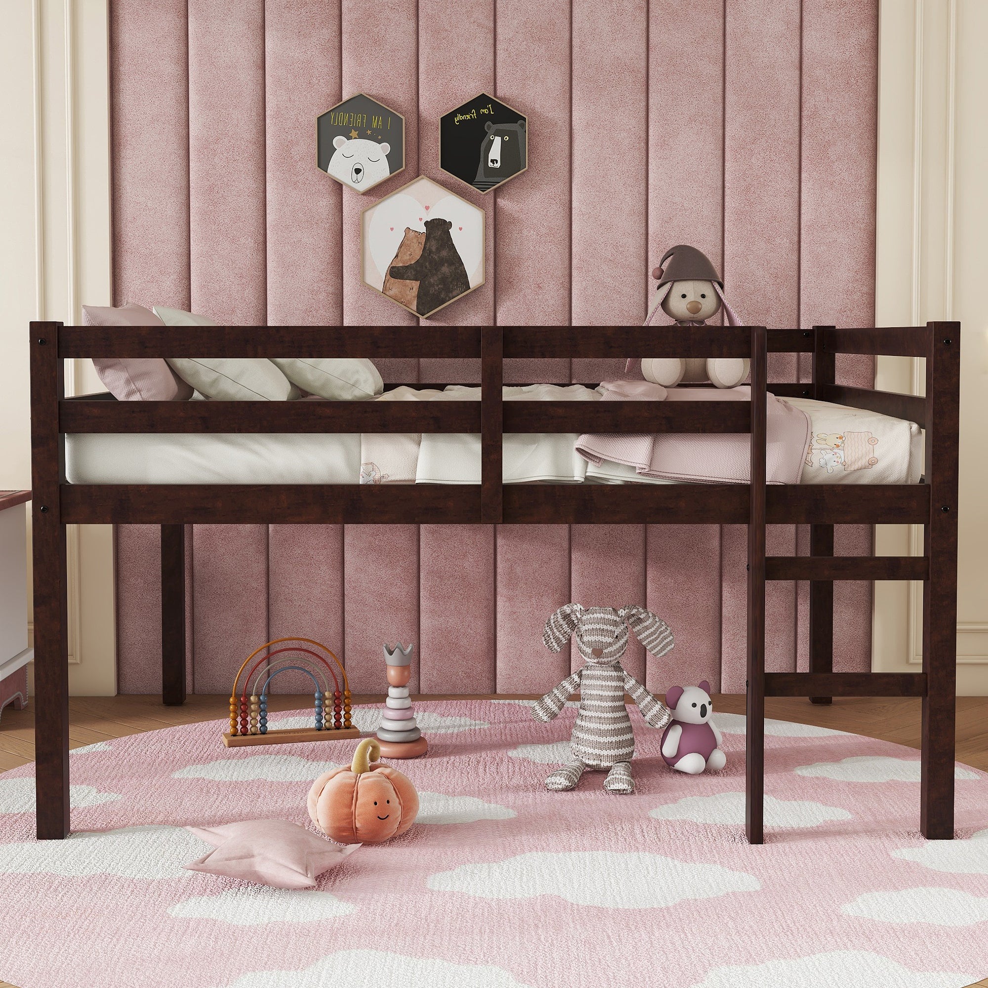 Full Rubberwood Loft Bed, Ladder, Espresso - Space-Saving Design