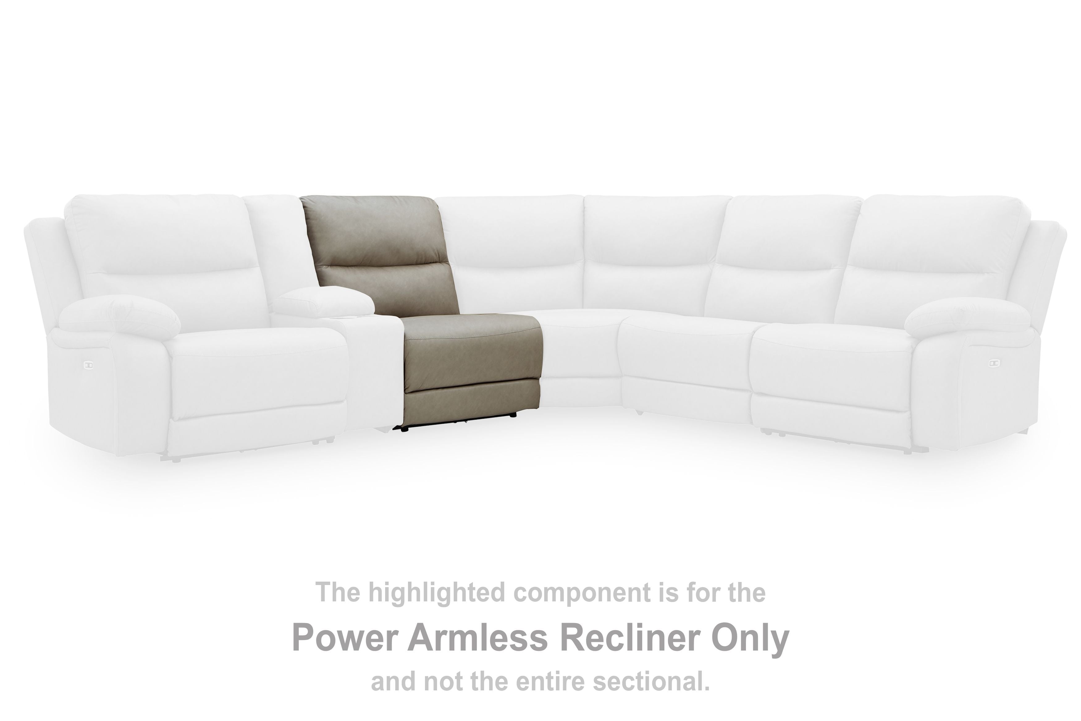 Light gray power armless recliner with adjustable headrest, shown as part of sectional