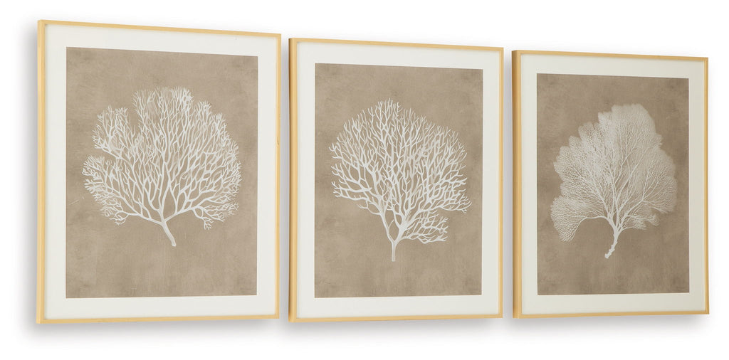 Three square framed wall art prints with white tree silhouettes on taupe backgrounds