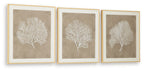 Three square framed wall art prints with white tree silhouettes on taupe backgrounds