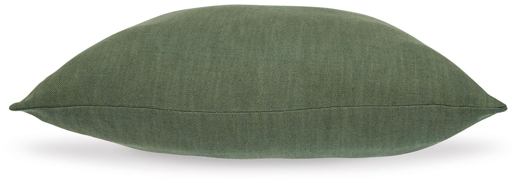 Dark green square throw pillow with plain woven texture and stitched edges