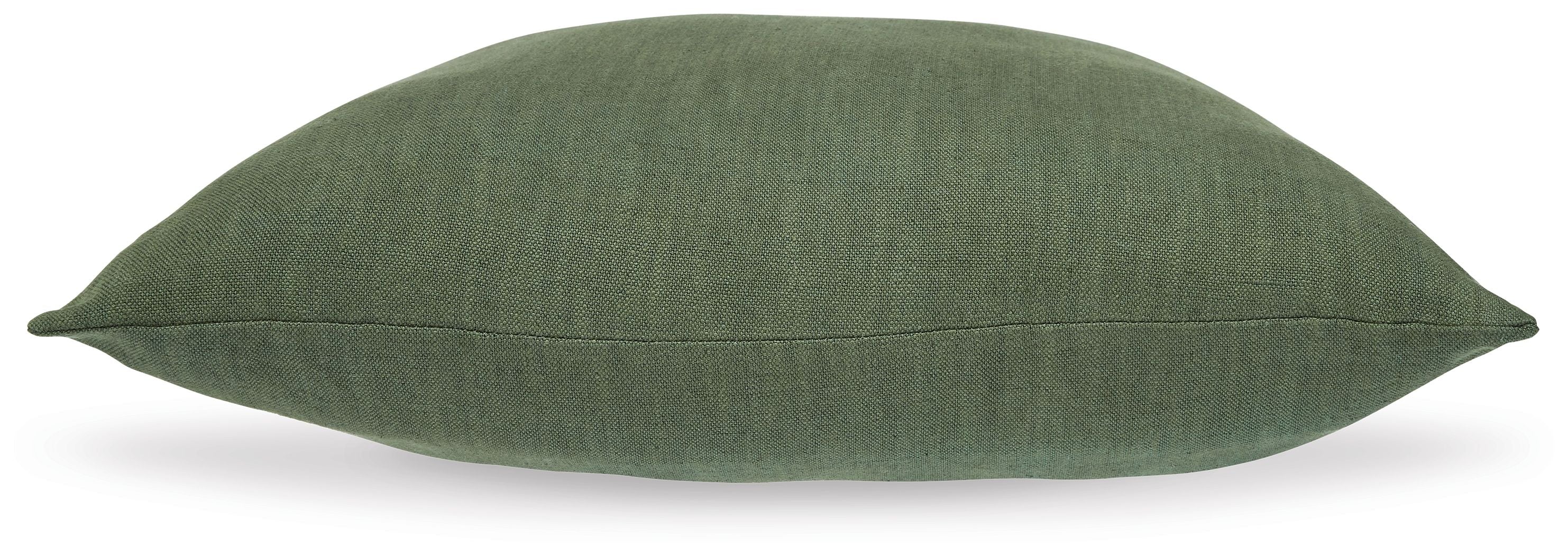Dark green square throw pillow with plain woven texture and stitched edges
