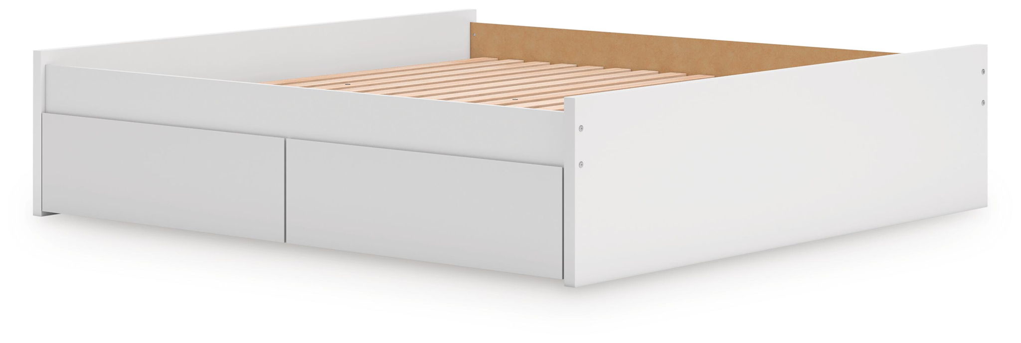White platform bed with two side drawers and open slat support