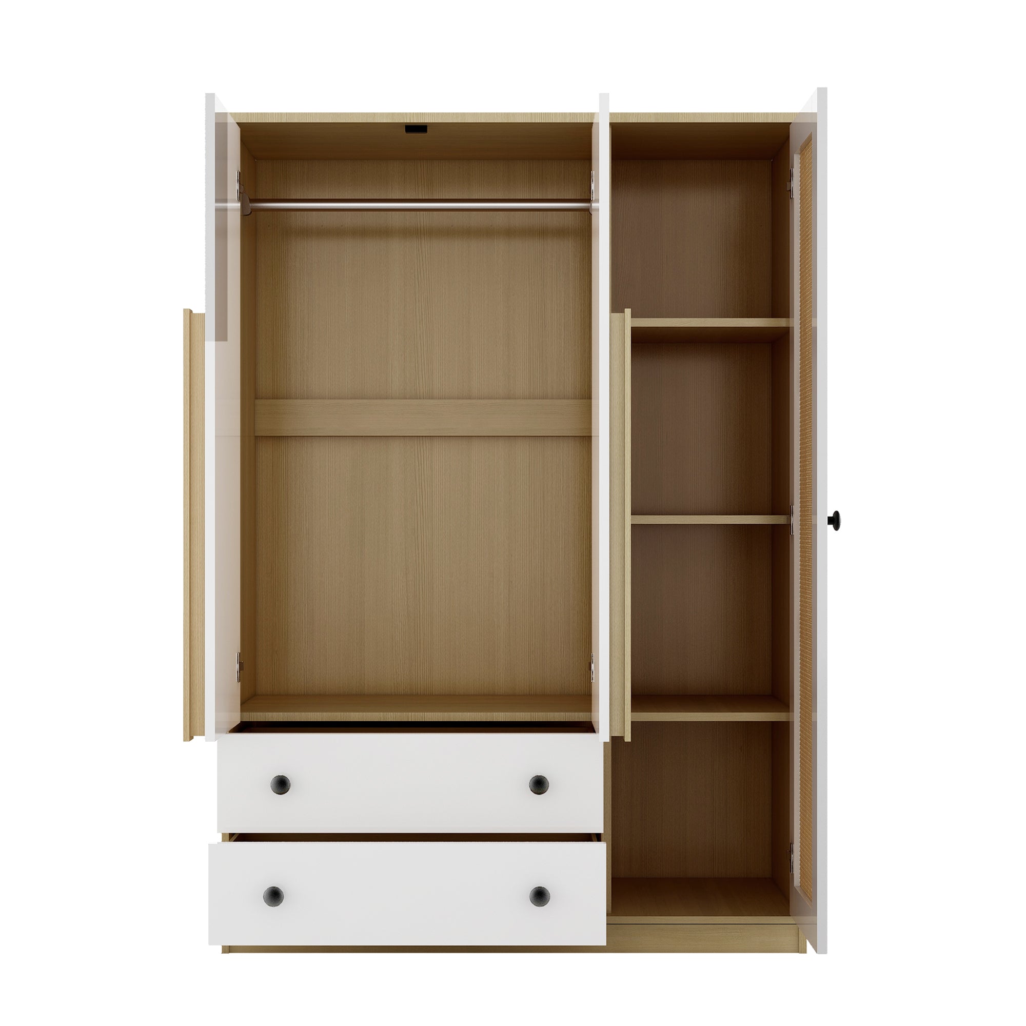 3-Door Rattan Wardrobe w/ Drawers - White/Natural
