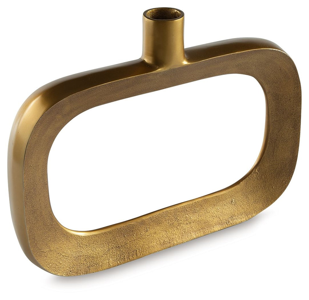 Gold vase with curved oval frame and short cylindrical neck