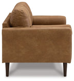 Caramel-brown loveseat side view with rolled back cushion and tapered wooden legs.
