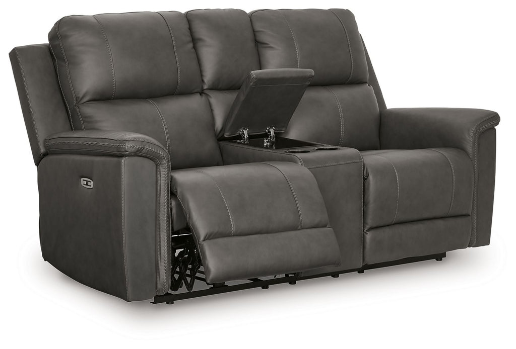 Power reclining loveseat with console, dark gray upholstery and recliner footrest positions