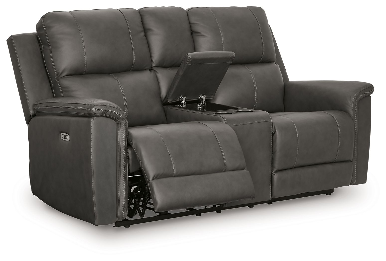 Power reclining loveseat with console, dark gray upholstery and recliner footrest positions