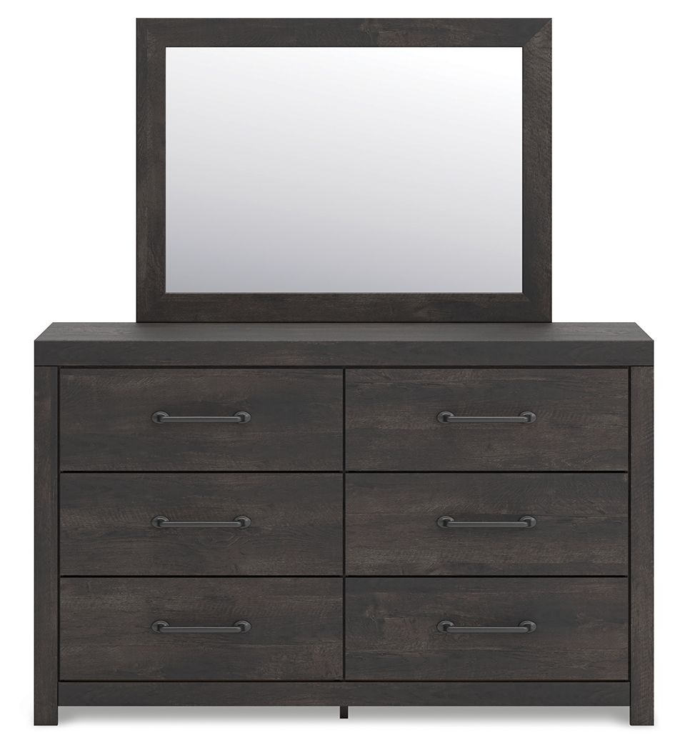 Dark gray dresser with six drawers and centered square mirror