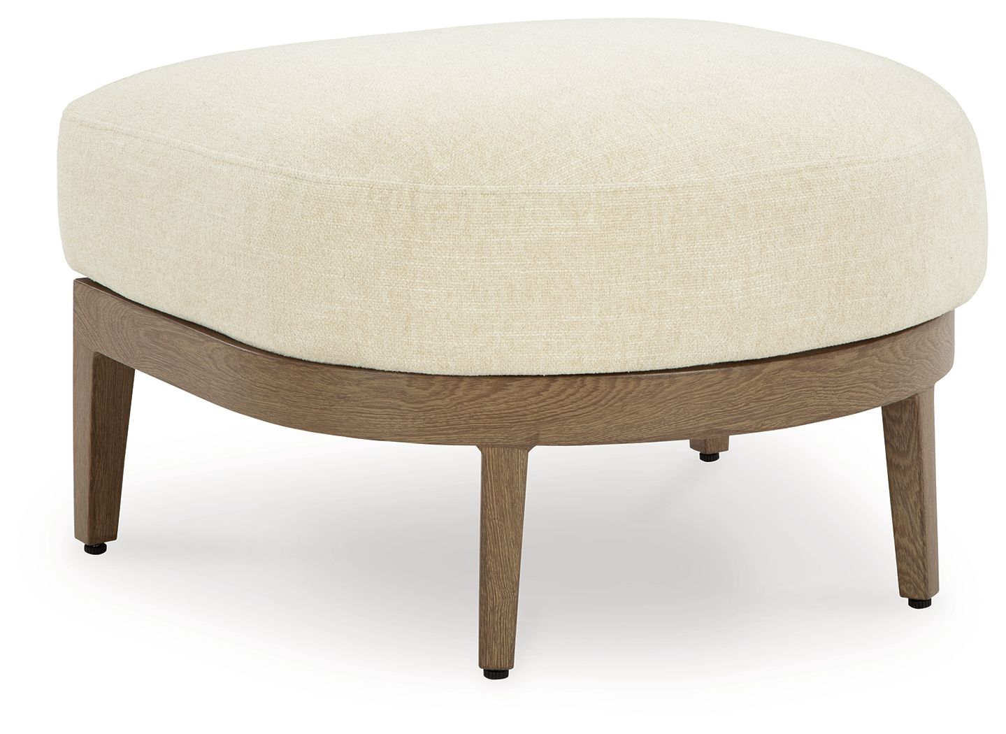 Round ottoman with beige cushion and dark brown wooden legs