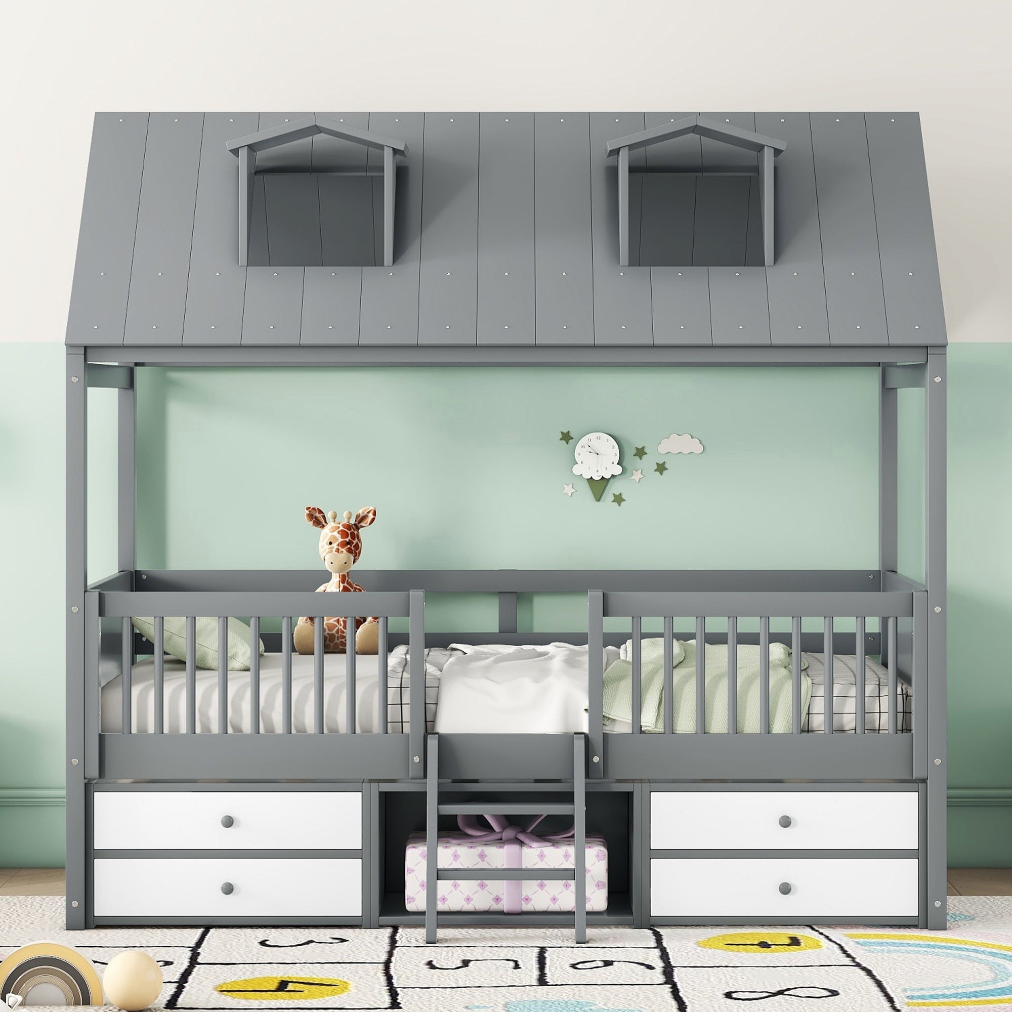 Twin Size Gray Wood House Bed Frame: Perfect for Kids' Rooms