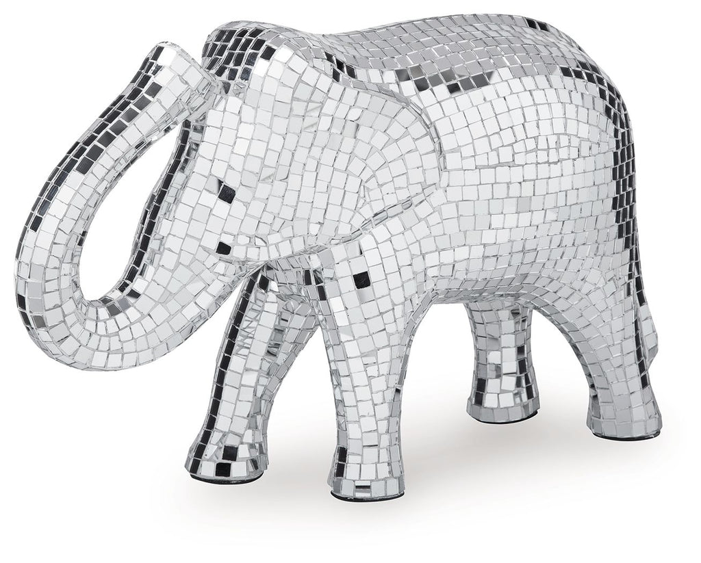 Silver mosaic elephant sculpture with trunk raised and reflective mirror tile pattern