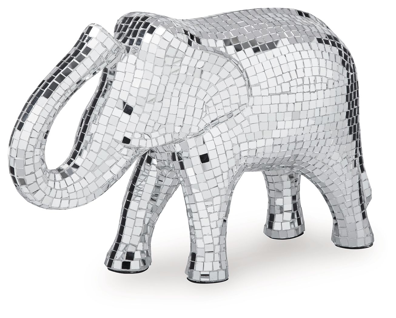 Silver mosaic elephant sculpture with trunk raised and reflective mirror tile pattern