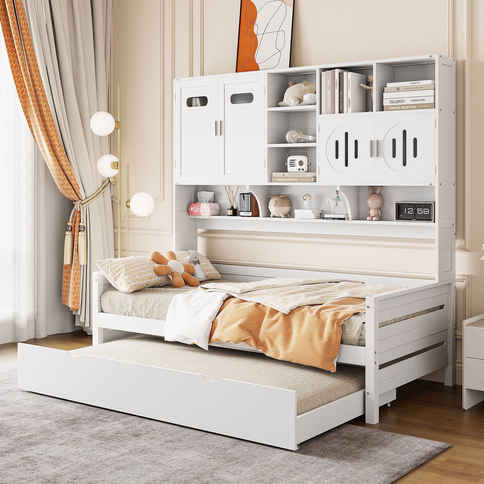 Twin Wooden Daybed, Trundle & Storage Cabinet Shelf - White