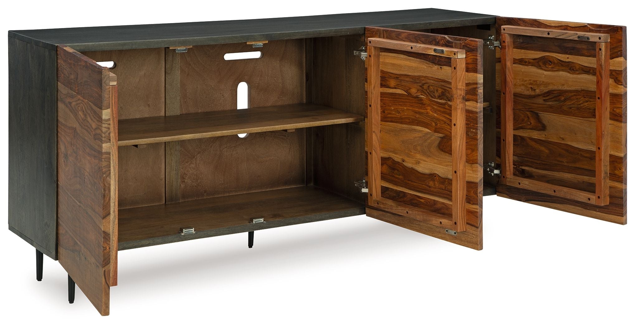 Brown wood accent cabinet with open hinged doors, revealing two interior shelves
