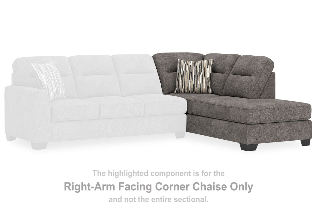 Right-arm facing corner chaise section in dark gray fabric beside light sofa; black legs.